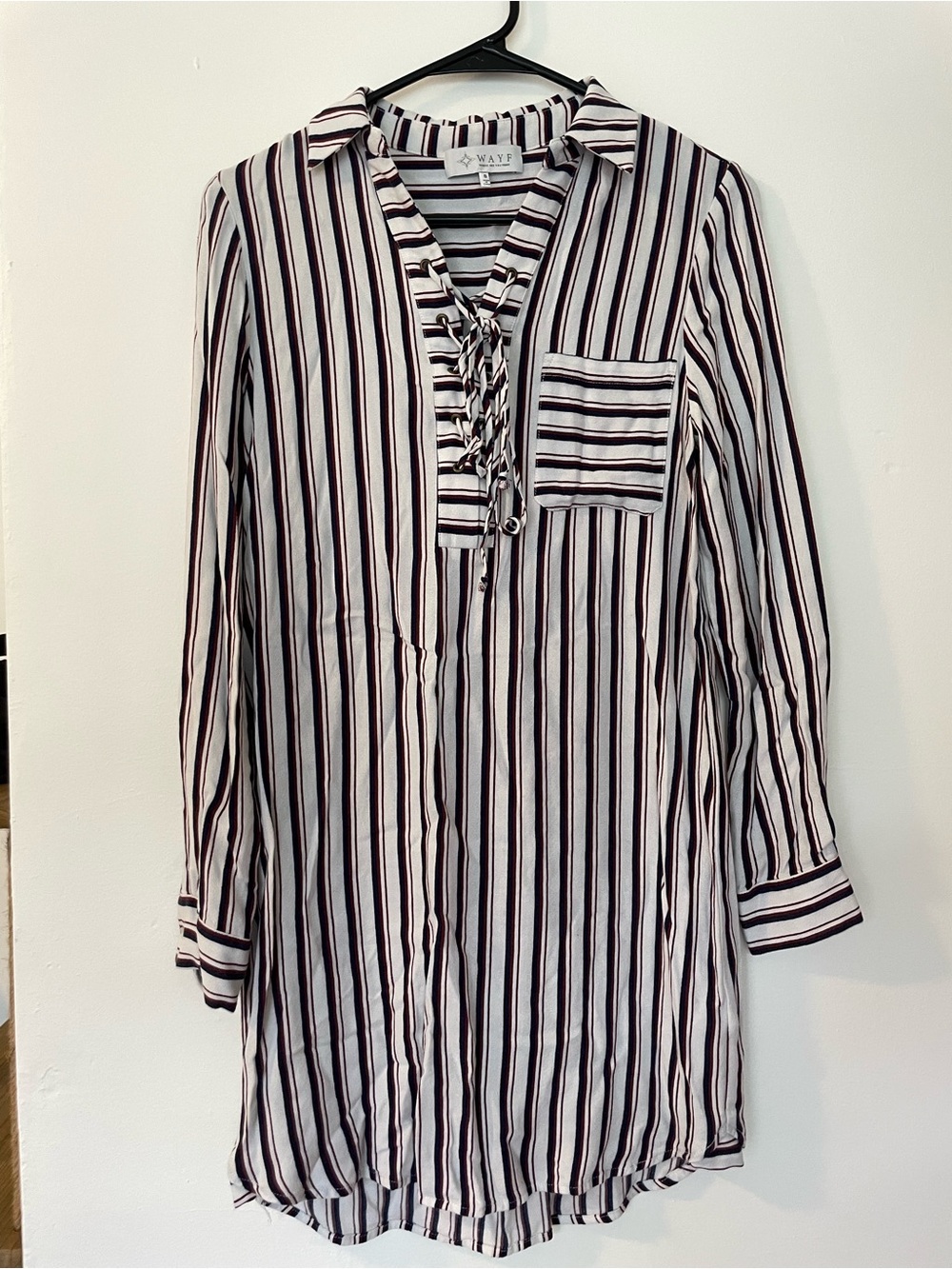 WAYF striped shirt/dress with lace up front and pockets. Size S